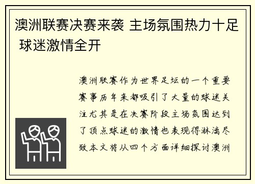 澳洲联赛决赛来袭 主场氛围热力十足 球迷激情全开