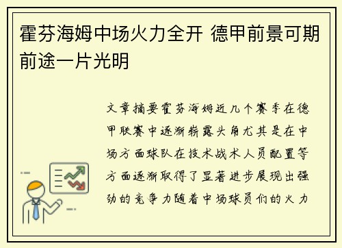 霍芬海姆中场火力全开 德甲前景可期前途一片光明