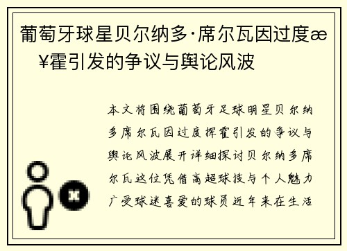 葡萄牙球星贝尔纳多·席尔瓦因过度挥霍引发的争议与舆论风波