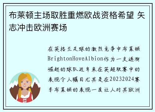布莱顿主场取胜重燃欧战资格希望 矢志冲击欧洲赛场