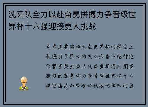 沈阳队全力以赴奋勇拼搏力争晋级世界杯十六强迎接更大挑战