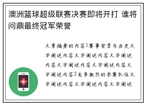 澳洲篮球超级联赛决赛即将开打 谁将问鼎最终冠军荣誉