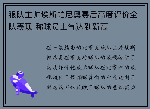 狼队主帅埃斯帕尼奥赛后高度评价全队表现 称球员士气达到新高