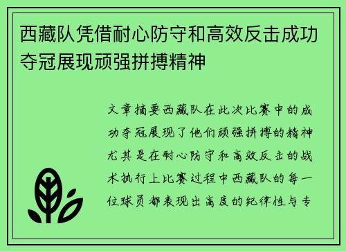 西藏队凭借耐心防守和高效反击成功夺冠展现顽强拼搏精神